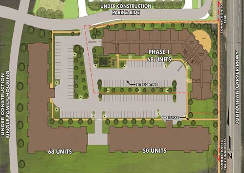 Plan for Carver Crossings multi-family development project, adjacent to a park-and-ride. Plan for the Carver Crossings multi-family development.
