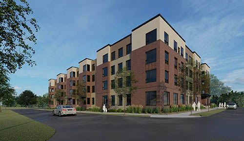 A vacant one-acre site in Hopkins, previously used for outdoor storage and recreational purposes, will be redeveloped to include 50 affordable apartments with supportive services. Artist rendering of a four-story building.