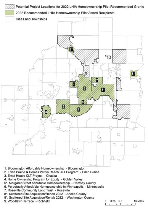 Map shows local governments that will receive a Homeownership Pilot grant through the Livable Communities program. Benefitting local governments include Bloomington, Eden Prairie, Chaska, Golden Valley, Minneapolis, Roseville, Richfield, and Anoka, Ramsey, and Washington counties.