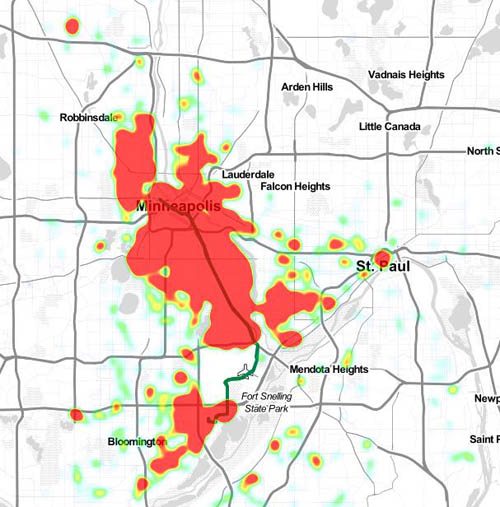 Map shows home locations of riders on the METRO Blue Line, as mapped using on-board survey data. Red indicates highest concentration of riders, followed by yellow and green. Map shows home locations of riders on the METRO Blue Line, as mapped using on-board survey data. Red indicates highest concentration of riders, followed by yellow and green.