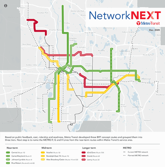 Three corridors will be named for near-term implementation as the METRO F, G, and H Lines. The four lines under consideration are shown in green. Community members may voice their priorities through an online survey that closes Jan. 20, 2021. Map showing 10 future BRT routes through the Twin Cities, broken down into near-term, mid-term, and longer term projects.