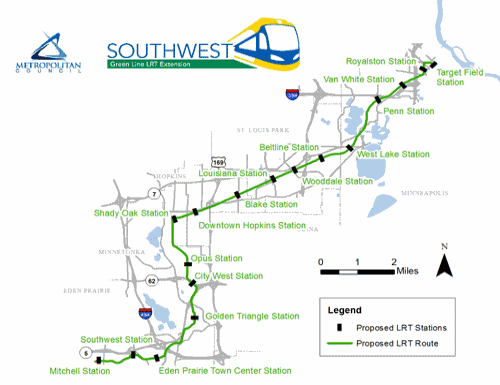 The recommended Southwest LRT alignment retains the Mitchell Road Station, adjusts the alignment through Eden Prairie to better serve the town center, and eliminates the 21st Street Station. See more about the route. The recommended Southwest LRT alignment retains the Mitchell Road Station, adjusts the alignment through Eden Prairie to better serve the town center, and eliminates the 21st Street Station. See more about the route.