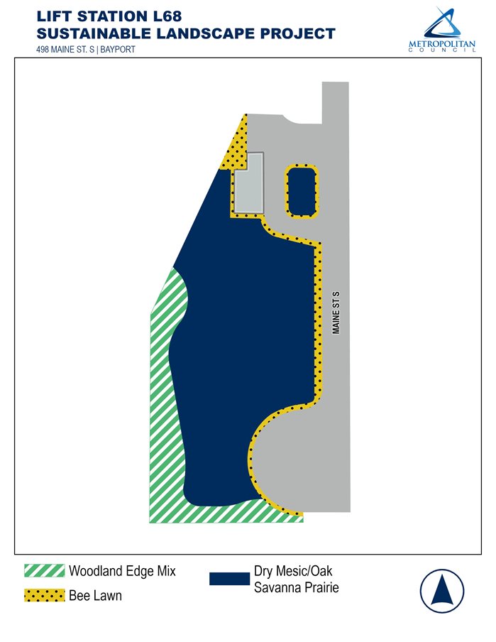 Map showing the sustainable landscape plan for the Bayport site. The southwest corner of the property is woodland edge mix. The rest of the property is dry mesic/oak savanna prairie with a bee lawn buffer along the east edge and at the north end of the property.  There is a parking lot island in the northeast corner made up of dry mesic/oak savanna prairie with bee lawn around the edge.