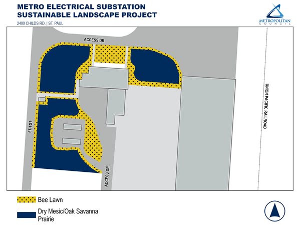 Sustainable landscape site plan for the Metro Electrical Substation at the Metro WRRF facility in Saint Paul.  In the area southeast of the intersection of 6th Street and Access Drive, there are three areas of dry mesic/oak savanna prairie with bee lawn around their perimeters, and two additional areas of bee lawn.