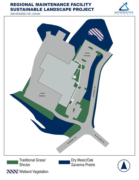 Sustainable landscape site plan for the Regional Maintenance Facility in Eagan, showing areas of traditional grass and shrubs closest to the buildings and parking lots, with areas of dry mesic/oak savanna prairie at the north and south ends and in strips on either side of Kennebec Drive.  There is a small, bean-shaped area of wetland vegetation toward the north end of the pictured area.
