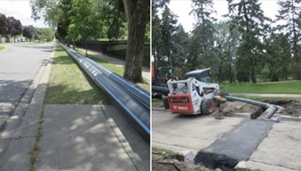 Example of aboveground temporary wastewater conveyance pipes.  Sometimes pipes are buried under intersections and driveways to maintain access during sewer work.
