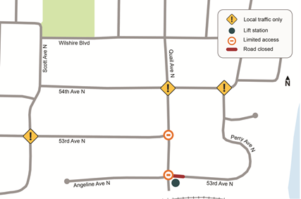 A stick map indicating limited traffic access located at the intersections of Quail Avenue North and 53rd Avenue North, and Quail Ave North and Angeline Ave North. “Local traffic only” signs appear on Wilshire Boulevard, 54th Avenue North, 53rd Avenue North, and Perry Avenue North. A small area of the 53rd Ave North roadway in front of the Lift Station with be closed.