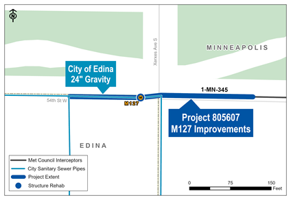 Map showing project area along 54th Street West on either side of Xerxes Avenue South.  The structure rehab is located just west of Xerxes.