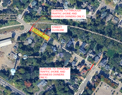 Map of project area in Excelsior along George Street between Beehrle Avenue and William Street.  Closures to through traffic are located on George Street at Beehrle and William.  A street closure is adjacent to the Beehrle closure, extending partway down the block.