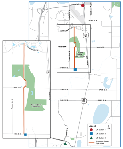 Map of proposed lift station and sewer pipe work. Lift station 1 is in Forest Lake near the 210th Street North and Forest Road North intersection. Lift station 2 is in Hugo just south of 180th Street North. Lift station 3 is in Hugo near the Frenchman Road and Oneka Parkway North intersection. Sewer pipe work is between Fenway Avenue and Highway 61 from Headwaters Parkway and heading south through Tanners Brook Golf Course to 180th Street North.