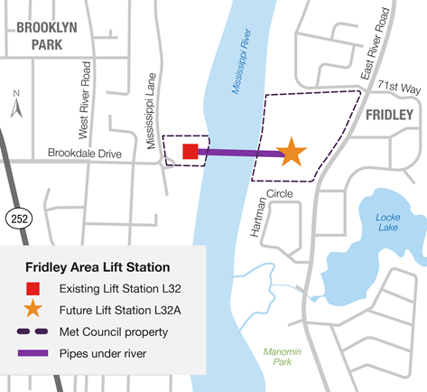 Map of Fridley L32A project showing lift stations on either side of the Mississippi River - the existing one near the west bank, and the future one on the east bank, with pipes under the river shown between them.