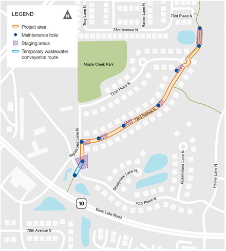 Project Map.  The first phase of the project is located just southeast of the intersection of Vagabond Lane North and 70th Place North, between Bass Lake Road and 70th Place North. The second phase of the project is located along 72nd Avenue North between Vagabond Lane North and 73rd Place North.