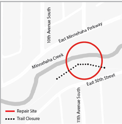 Map showing project area at Minnehaha Creek in Minneapolis, rougly centered on 11th Avenue South.  A segment of trail north of East 50th Street is closed from approximately 10th Avenue to 12th Avenue.