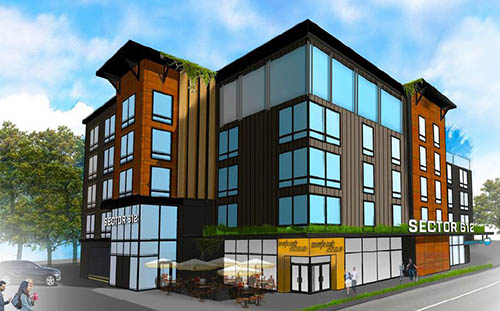 Rendering of the proposed Monarch Park mixed-use development in Brooklyn Center Artist rendering of five story multi-use building