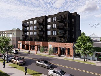 Graphic rendering shows a building with four stories above retail at the street level.