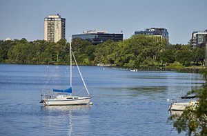 Sailboats are anchored on the still, blue lake, with apartments and condos present on the far shore.