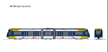 Metro light rail vehicle with branding colors and design. METRO light rail vehicle