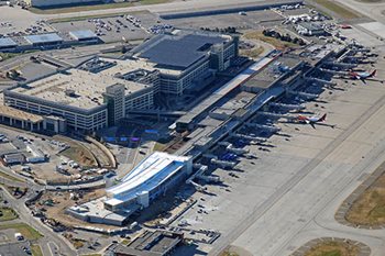Aerial view of Terminal 2 at MSP airport shows the current expansion of the terminal to the north.