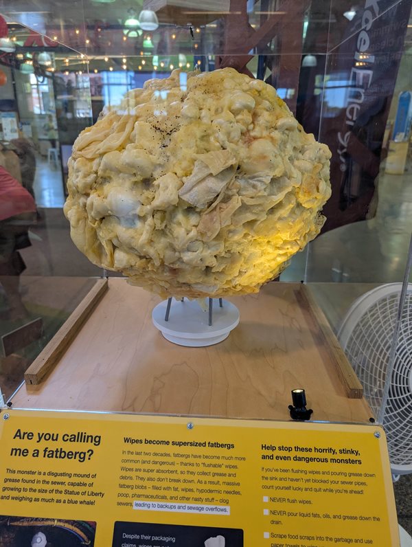 Inside a glass case is a blob of wipes and other items that illustrates what happens when they are put into the wastewater system, congeal, and became a “fatberg.”