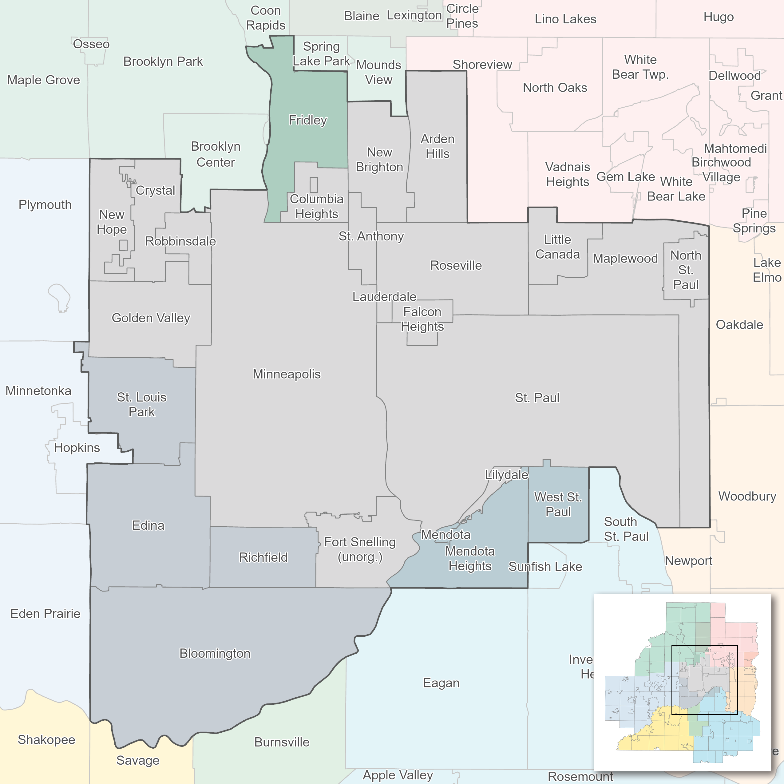 Central region map including Minneapolis and Saint Paul with suburbs Golden Valley, New Hope, Robbinsdale, Crystal, Columbia Heights, Roseville, Falcon Heights, Lauderdale, St. Anthony, New Brighton, Arden Hills, Little Canada, Maplewood, North St Paul, Lilydale, Fort Snelling (unorg)