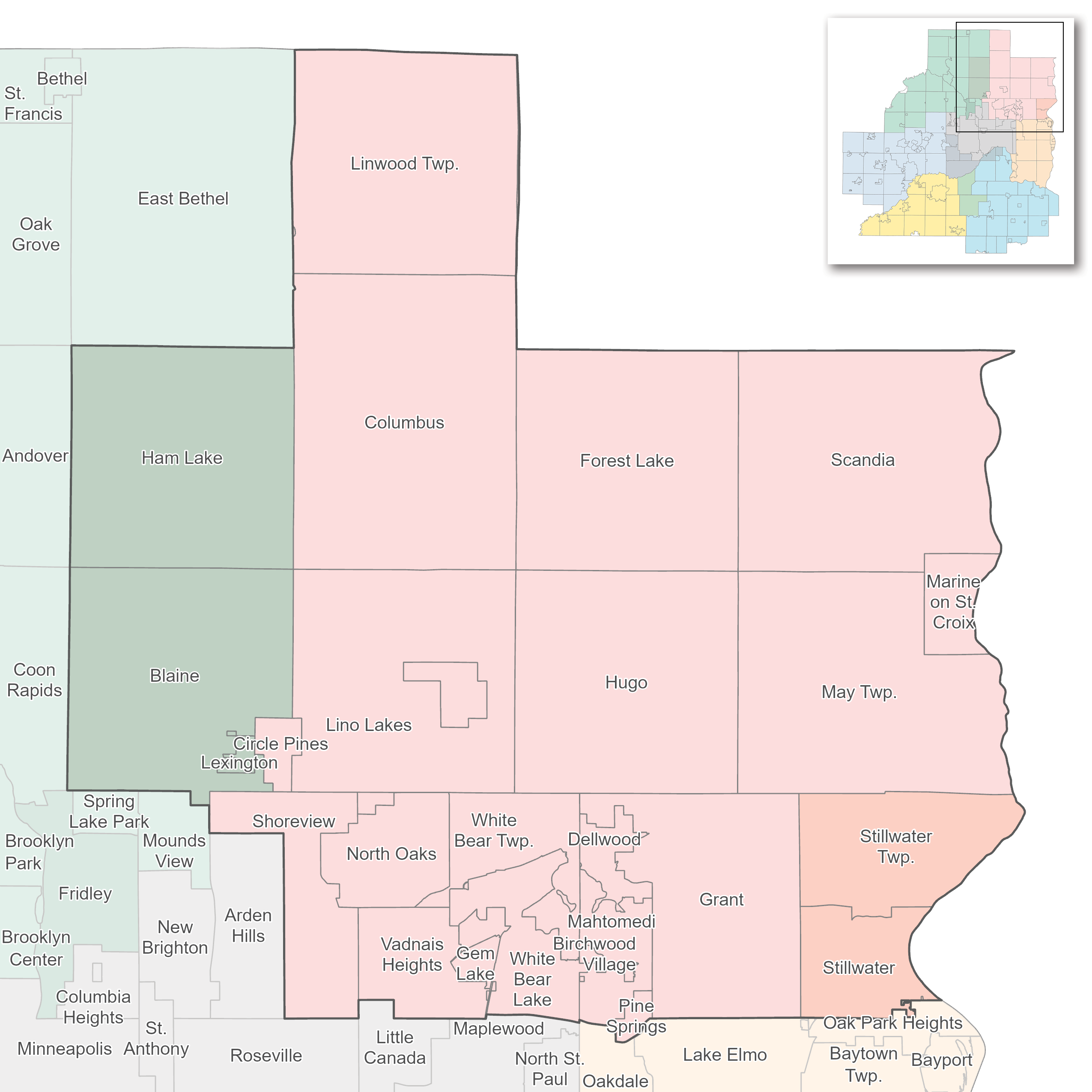 Northeast subregion map including Linwood Twp, Columbus, Ham Lake, Blaine, Shoreview, Circle Pines, Lexington, Vadnais Heights, North Oaks, Lino Lakes, Forest Lake, Hugo, White Bear Twp, Gem Lake, White Bear Lake, Dellwood, Mahtomedi, Birchwood Village, Pine Springs, Grant, Scandia, May Twp, Marine on St. Croix, Stillwater Twp, Stillwater