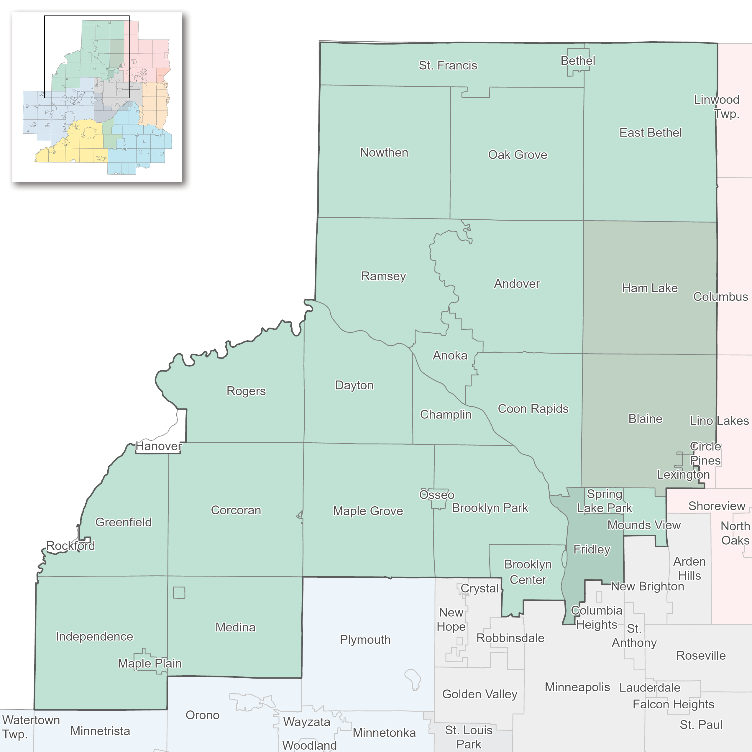 Map showing Northwest metro subregion including St. Francis, Bethel, Nowthen, Oak Grove, East Bethel, Ramsey, Andover, Ham Lake, Rogers, Dayton, Anoka, Champlin, Coon Rapids, Blaine, Ham Lake, Greenfield, Corcoran, Maple Grove, Osseo, Brooklyn Park, Brooklyn Center, Fridley, Spring Lake Park, Mounds View, Lexington, Independence, Maple Plain, Medina