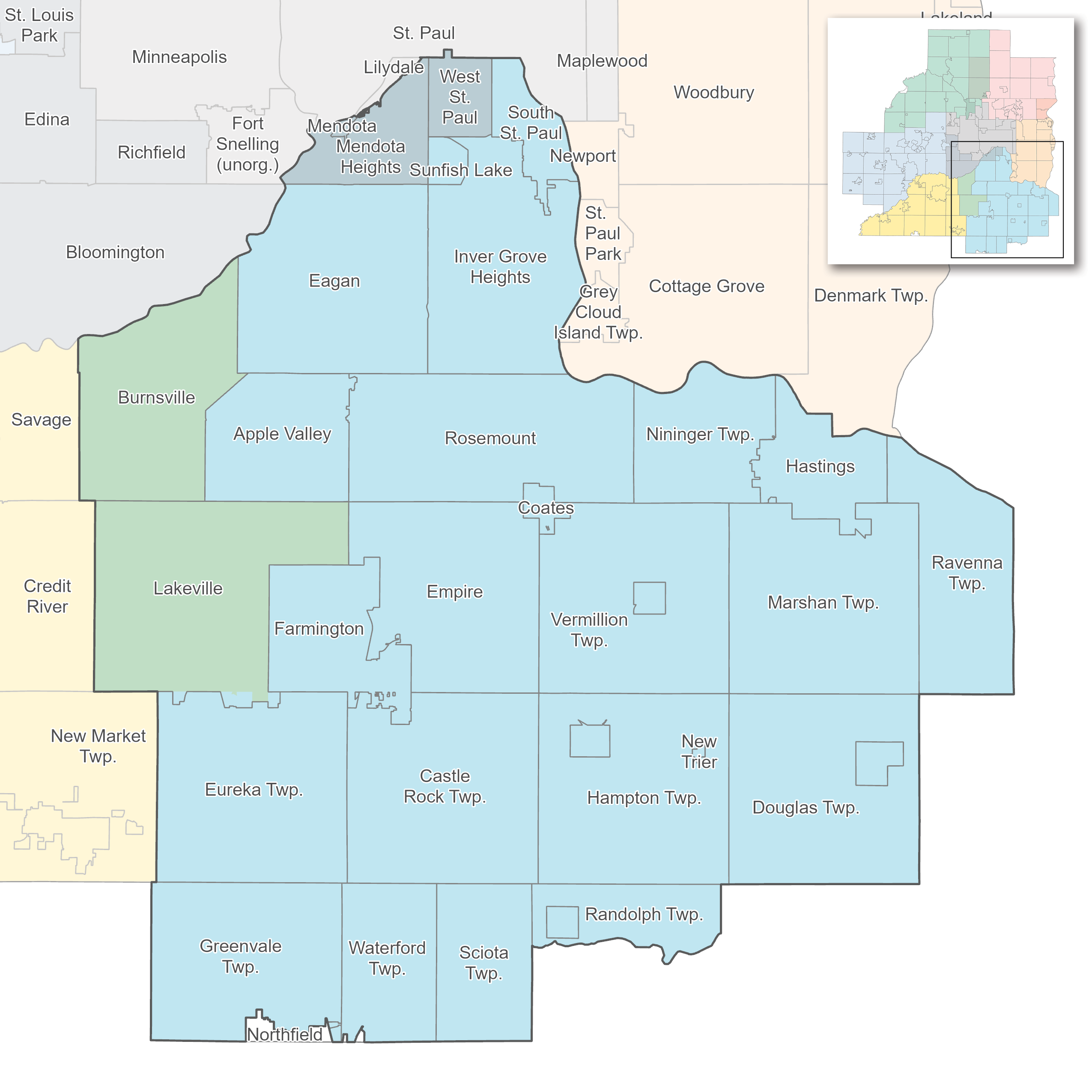 Map showing southeast subregion including Burnsville, Lakeville, Eureka Twp, Greenvale Twp, Waterford Twp, Sciota Twp, Castle Rock Twp, Farmington, Empire, Apple Valley, Eagan, Mendota, Mendota Heights, Sunfish Lake, West. St. Paul, South St. Paul, Inver Grove Heights, Rosemount, Coates, Vermillion Twp, New Trier, Hampton Twp, Randolph Twp, Douglas Twp, Marshan Twp, Nininger Twp, Hastings, Ravenna Twp