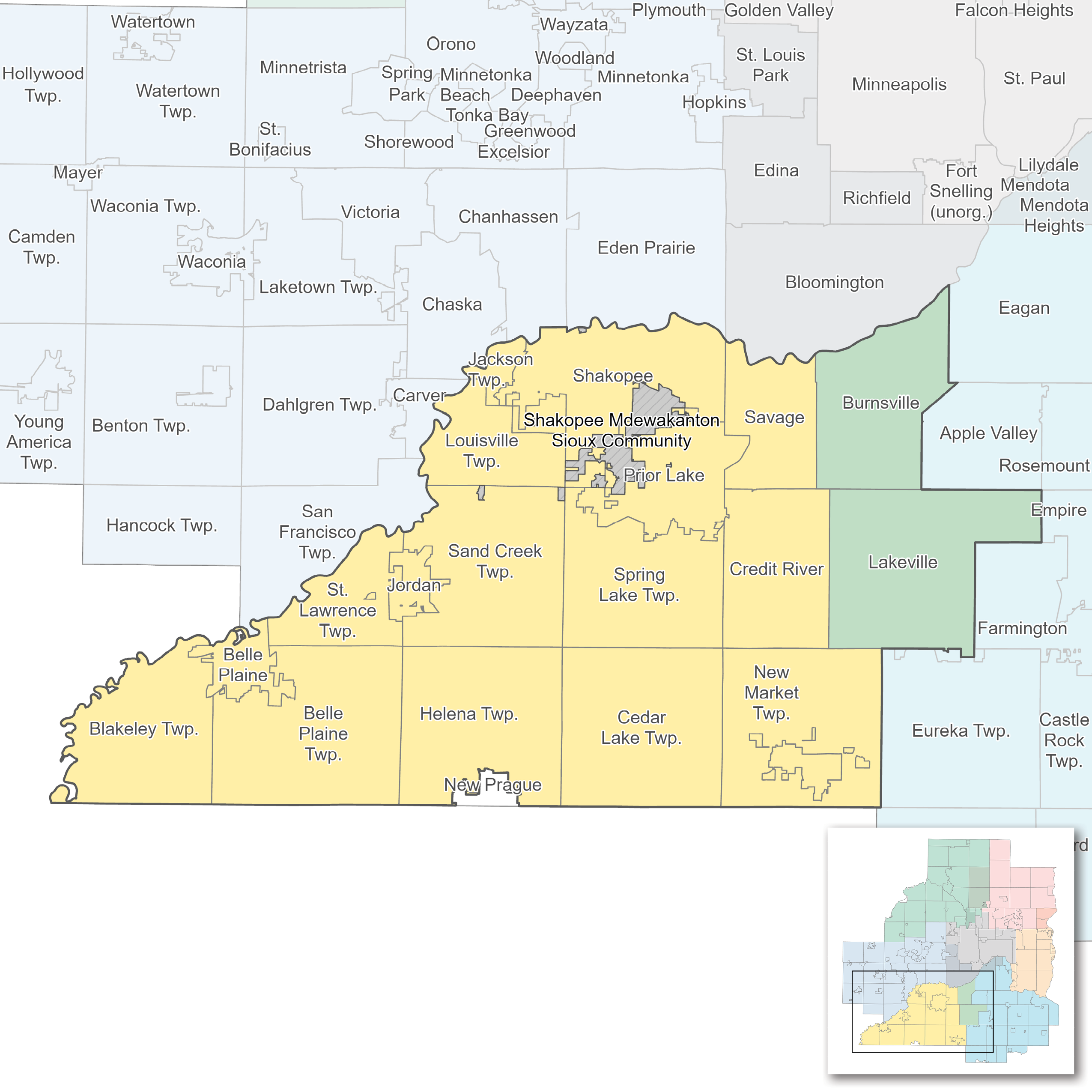 Southwest subregional map including Blakeley Twp, Belle Plaine Twp, Helena Twp, Cedar Lake Twp, New Market Twp, Belle Plaine, St Lawrence Twp, Jordan, Sand Creek Twp, Spring Lake Twp, Credit River, Lakeville, Burnsville, Savage, Prior Lake, Louisville Twp, Jackson Twp, Shakopee Mdewakanton, Sioux Community, Shakopee